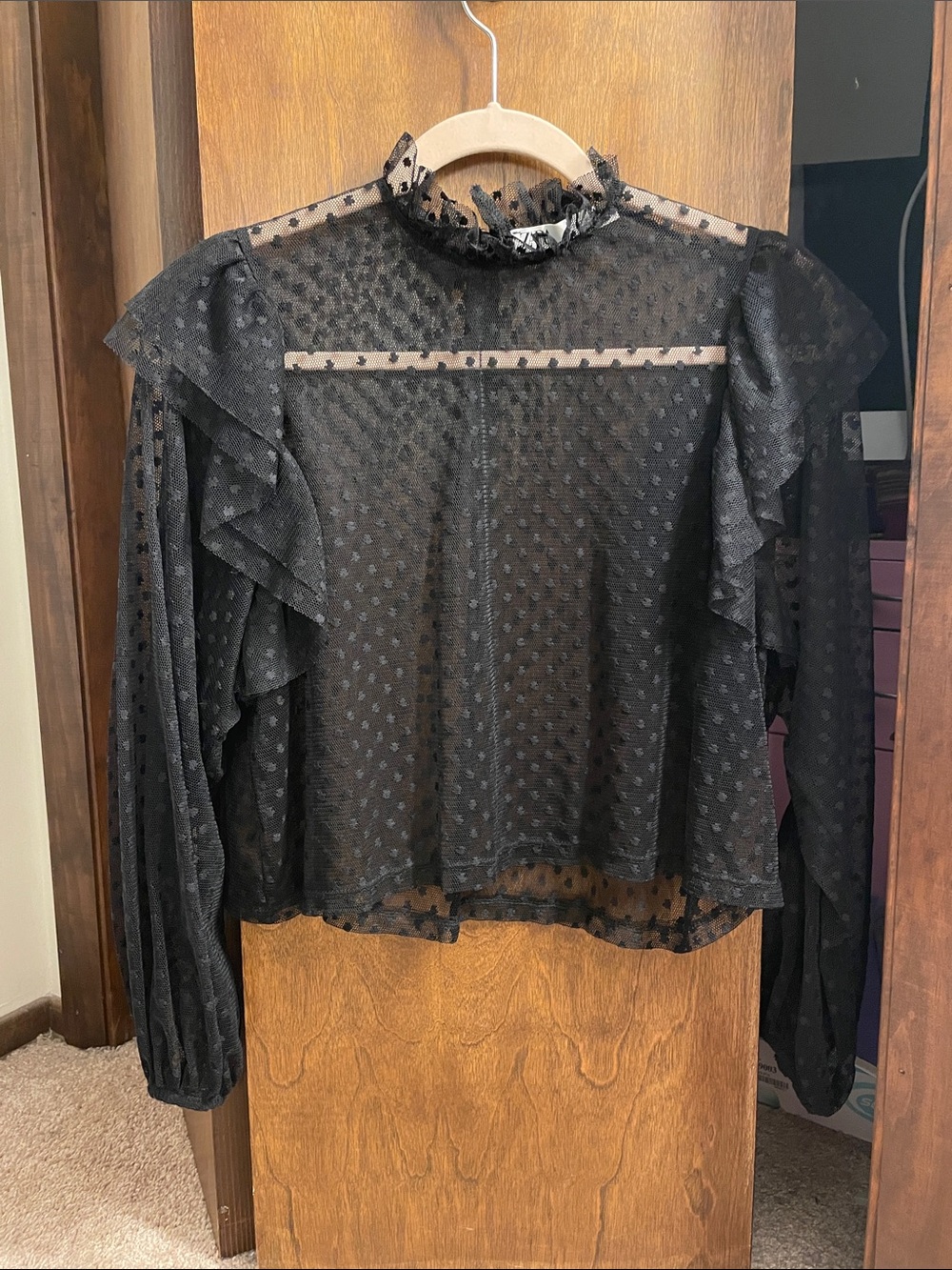 Zara Black Sheer Swiss Dot Ruffle-Trim Blouse
